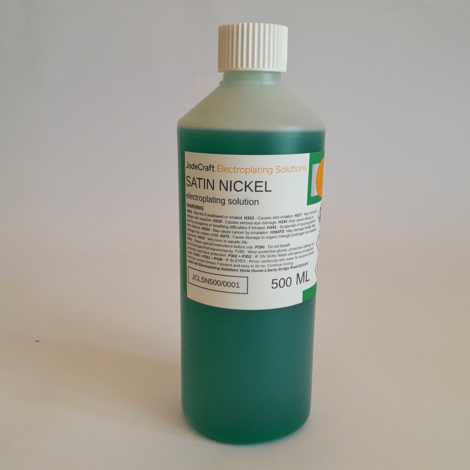 A 500 ml bottle of green satin nickel brush plating solution