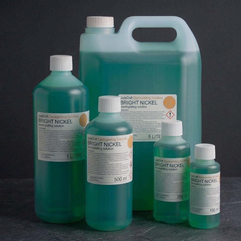 Jodecraft bright nickel electroplating solution available in 100 ml, 250 ml, 500 ml, 1 L, and 5 L bottle sizes with technical grade labels, displayed on a professional workshop background.