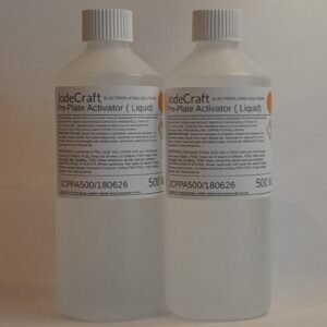 A pair of 500 ml bottles containing a clear Pre-Plate Activator Solution